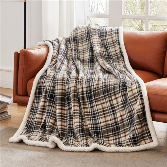 Sherpa Plaid Throw Blanket, 60" X 70"Fuzzy Fluffy Cozy Soft Blanket - Picture 6 of 7